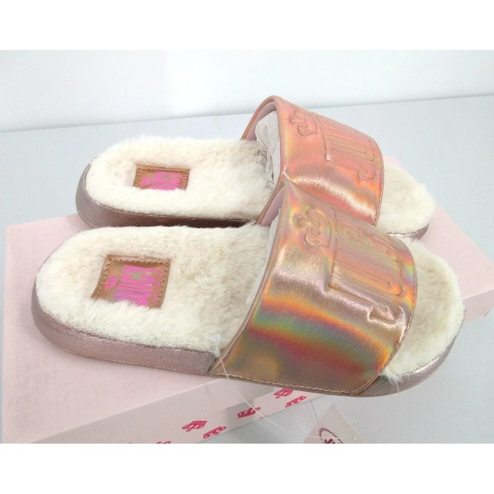 JUICY BY JUICY COUTURE TARZANA ROSE GOLD FUR LINED SLIDES Girl's Sz 1 NEW IN BOX